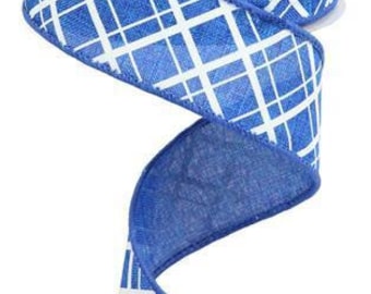 Wired Ribbon Line Check Navy Blue with White Checks on Royal Burlap Finished with a Navy Satin Stitch Edge 1.5" x 10 Yard RGA150525
