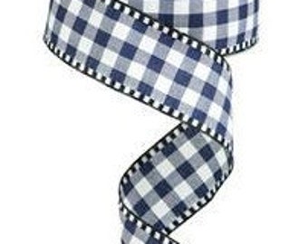 Navy Blue and White Gingham Check Wired Ribbon With Black and White Dot Edge 1.5" x 10 Yards RW813819