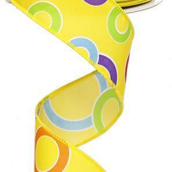 Yellow Fuchsia and Lime Green Purple circles printed on Wired Ribbon Royal Burlap with a yellow Satin Stitch Edge 1.5" x 10 Yards RG0129929