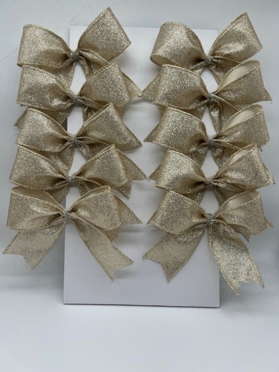 10 Fiocchi Natalizi Glitterati Oro – 12x15 Cm – Nastro Per Decorazioni Albero, Regali, Porte E Finestre – Fiocchi Di Natale
