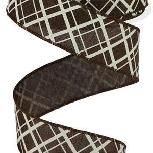 Wired Ribbon Line Check Brown with Ivory Checks on Royal Burlap Finished with a Brown Satin Stitch Edge 1.5&quot; x 10 Yard RGA1505MB
