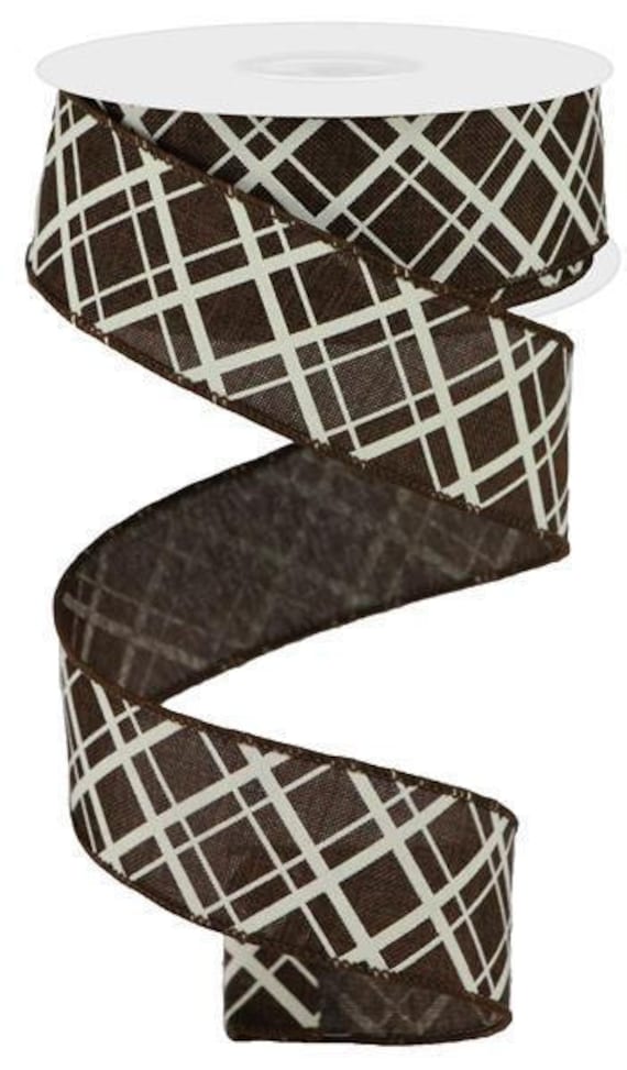 Wired Ribbon Line Check Brown with Ivory Checks on Royal Burlap Finished with a Brown Satin Stitch Edge 1.5" x 10 Yard RGA1505MB