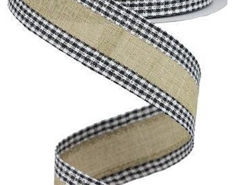 Buff Solid Wired Ribbon Royal Burlap with a Black and Tan Gingham Edge 1.5" x 10 Yards RGA1098X4