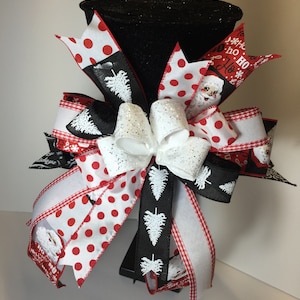 Christmas Tree Topper Black Velvet Top Hat Centerpiece with Red Black and White Mixed Ribbon Bow Large Hat Fits a Small to Medium Tree Tree.