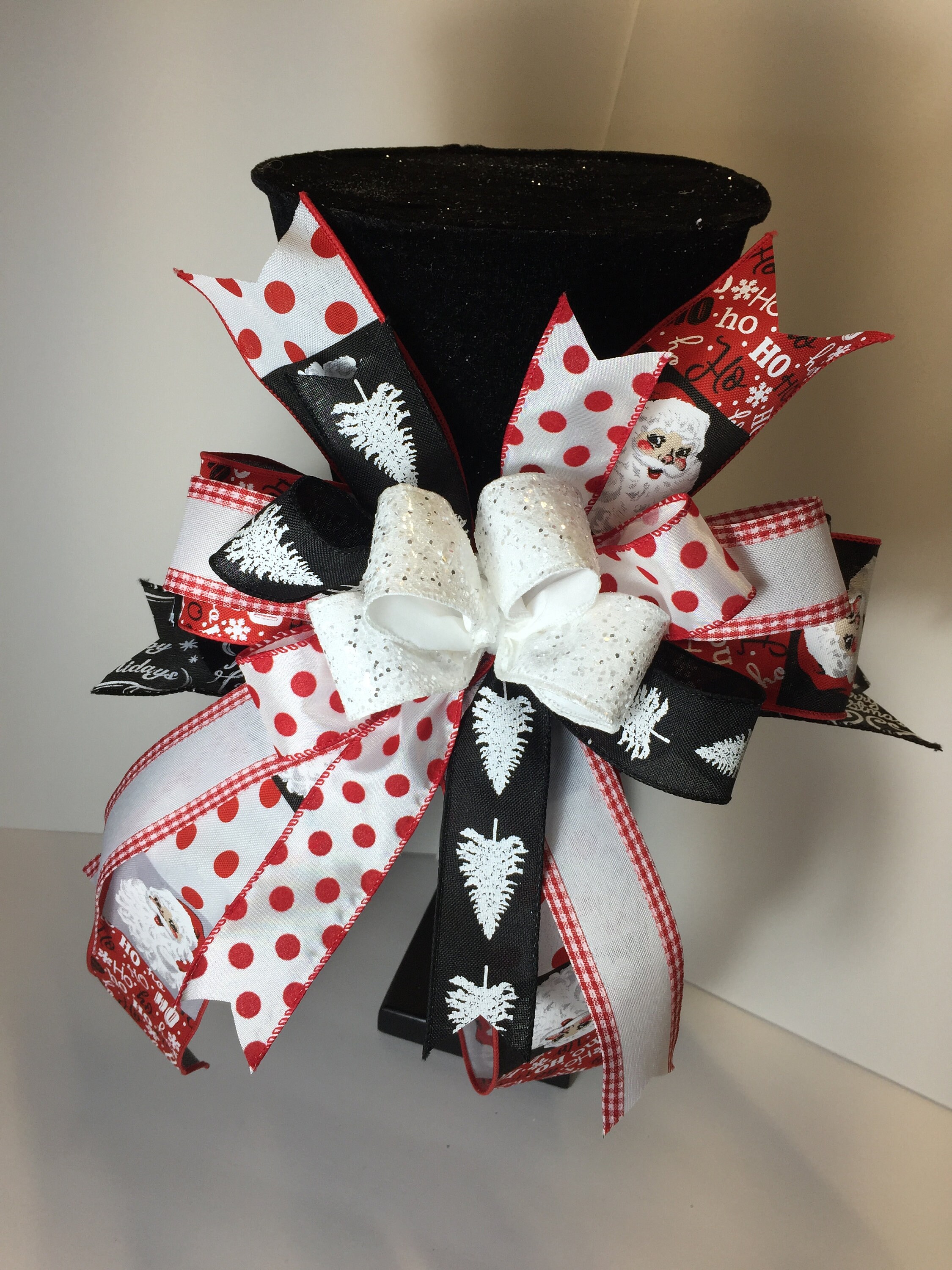 Christmas Tree Topper Black Velvet Top Hat Centerpiece with Red Black and White Mixed Ribbon Bow Large Hat Fits a Small to Medium Tree Tree.