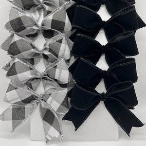 Half black velvet half decorative black white silver glitter gray plaid bows/ Set 10 Bows/ Party Treat Bag Bows/ Christmas tree wreath bows