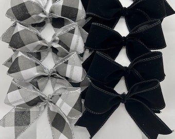 Half black velvet half decorative black white silver glitter gray plaid bows/ Set 10 Bows/ Party Treat Bag Bows/ Christmas tree wreath bows