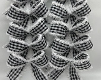 Black, White Gingham Check Bows/ Set 10 bows with white drift edge/ Treat bag bows/ July 4th decor bows/ Christmas tree bows