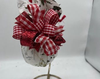 Christmas Holly Fabric on a 100MM Ball Ornament Adorned a Variety of Ribbons and greenery  Handmade Ornament No2