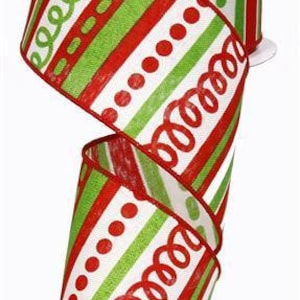 May include: Red, green, and white striped ribbon with a repeating pattern of circles, lines, and swirls. The ribbon is 2.5 inches wide.