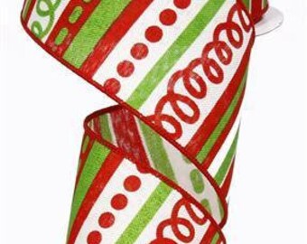 Christmas Color Royal Burlap Wired Ribbon Red  Lime Green and Ivory Loopy Design with a Stitched Edge 2.5&quot; x 10 Yard Roll RG01315YA