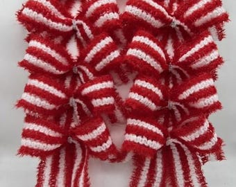 Decorative Red and white Fuzzy Stripe Bows/ Set 10 Bows/ Treat Bag Bows/ Wreath Decor Bows/ Craft Bow Set 10