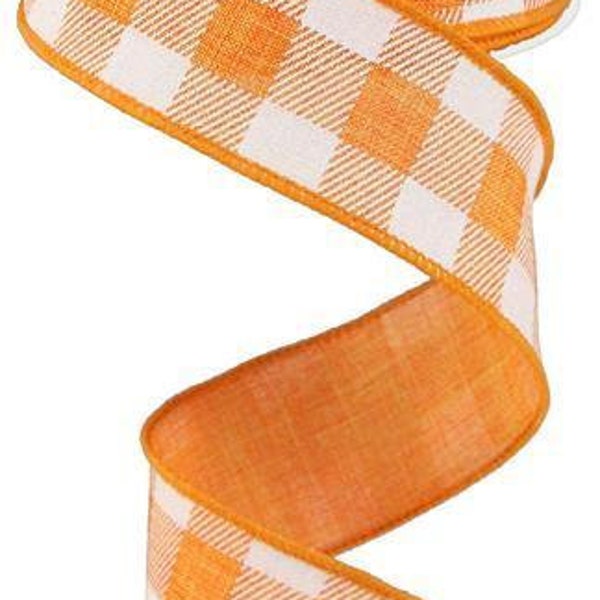 Wired Ribbon Check Orange with White Checks on Royal Burlap Finished in a Orange Satin Stitch Edge 1.5" x 10 Yard RG0179920