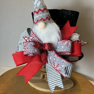 Christmas Tree Topper Gray Gnome on a Top Hat in Red White Gray Can be used as a Centerpiece