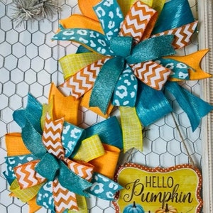 Fall Bow Set Hello  Pumpkin Sign with Matching Medium Bow or Large Bow Metal Sign