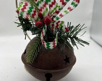 Red green zigzag Bow on rusty metal Jingle Bell Christmas Ornament with faux pine and berries