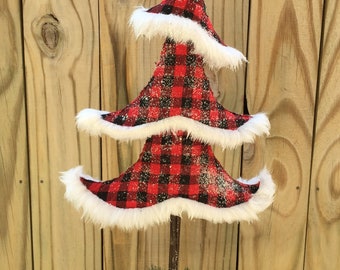 Large Black and Red Buffalo Check Tree with Faux Fur Trim Decor