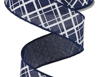 Wired Ribbon Line Check Navy Blue with White Checks on Royal Burlap Finished with a Navy Satin Stitch Edge 1.5" x 10 Yard RGA150519