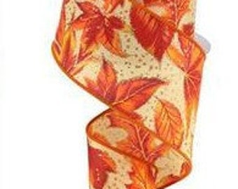 Fall Leaves on Soft Cream Background With Gold Glitter Dots Wired Ribbon 2.5" x 10 Yard Roll Orange Rust Cream Colors RGC1933 #7