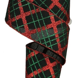 Christmas Plaid Wired Ribbon Black with Glittered Red and Emerald Green Stripes 2.5&quot; x 10 Yard RGA1223WJ