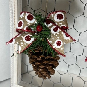 Hand-Crafted Red Ramdom Dot Christmas Bow Pinecone Ornaments