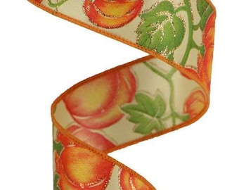 Fall Pumpkins on soft gold background Wired Ribbon 1.5" x 10 Yard Roll Orange Moss Rust Cream Gold Colors