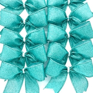 Ice Blue Shimmer Glittered Ribbon Tree Bow/ Set 10 Bows/ Treat Bag Bows/ Christmas Tree Bows/ Package Bows/ Gift Bag Bows/ Craft Bows