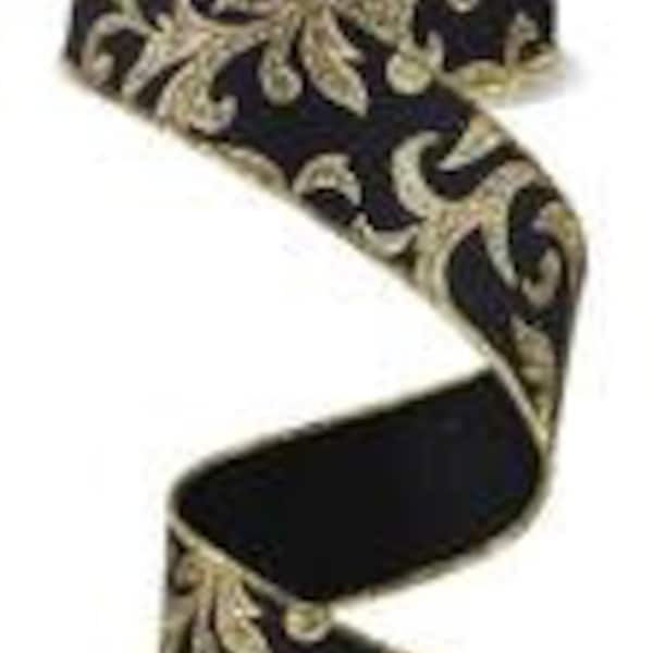 Christmas Black Background with Gold Glittered Acanthus Leaf Wired Ribbon Gold edge 1.5" x 10 Yd Roll RGE184202