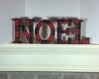 NOEL Christmas Lettering Red and Black Buffalo Plaid on layered cardboard