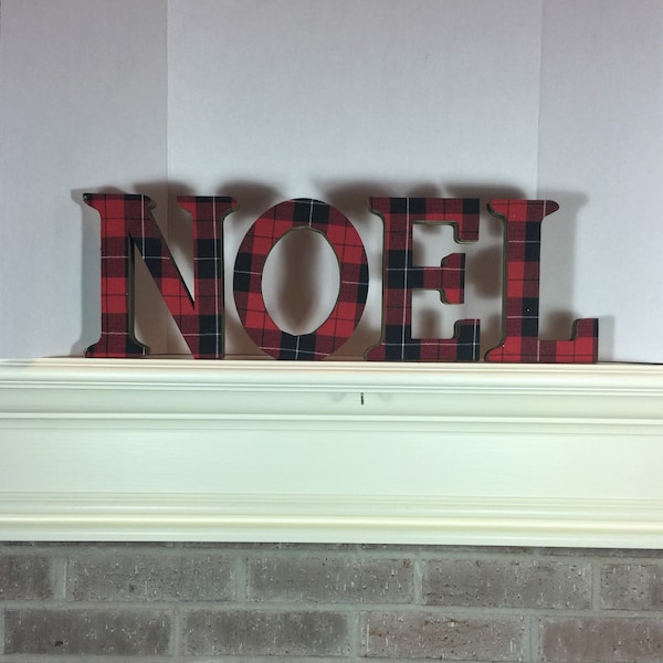 NOEL Christmas Lettering Red and Black Buffalo Plaid on layered cardboard