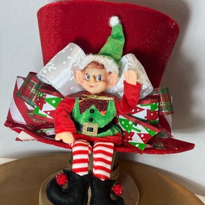 Christmas  Red Top Hat Tree Topper Elf in Bright Christmas Colors can also be used as a centerpiece