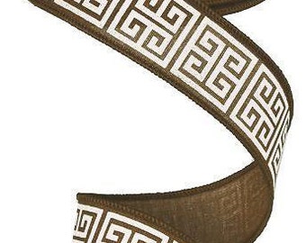 Wired Brown Royal Burlap Ribbon with ivory Greek Key print 1.5" x 10 yard RG160604