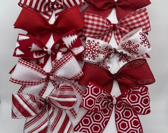 Christmas tree bows mixed red and white decorative bows/Set 10 Bows/ Treat Bag Bows/ Christmas Decor Bows/Christmas Tree Bow Set