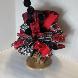 Black and Red Buffalo Large Top Hat Christmas Tree Topper with Matching Bow and Black Velvet Ball Stem