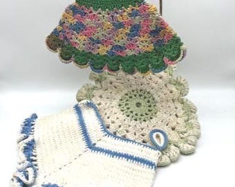 Vintage Kitchen 1940s Hand Crocheted Potholders Set of 3 Multi color