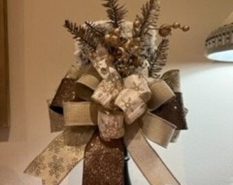 Christmas Tree Topper snowy rattan top hat trimmed in platinum gold ivory gold and brown