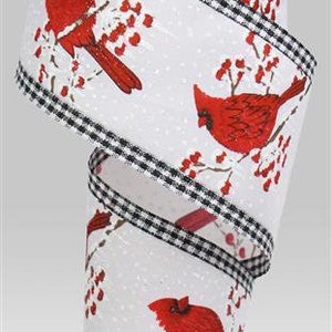 Cardinal Sitting on a Berry Branch on White Wired Royal Satin Ribbon 2.5" x 10 Yard Roll RG08892 With Black and White Gingham Edge