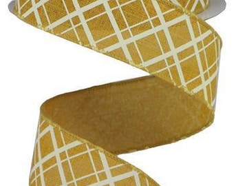 Drahtband Line Check senfgelb mit Creme kariert auf Royal Burlap Finished with a Matching Satin Stitch Edge 1.5" x 10 Yard RGA15058M
