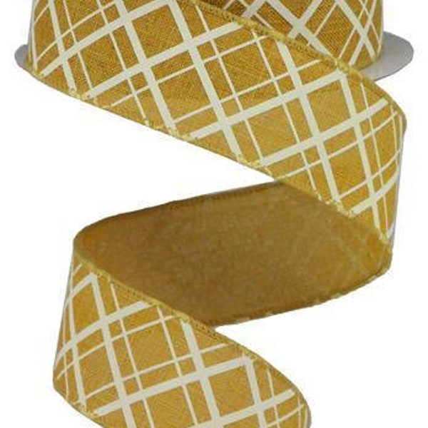 Wired Ribbon Line Check Mustard Yellow with Cream Checks on Royal Burlap Finished with a Matching Satin Stitch Edge 1.5" x 10 Yard RGA15058M