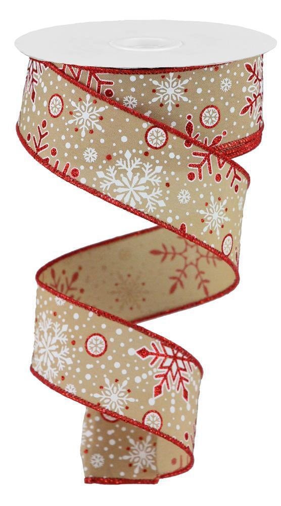 Christmas Red and White Snowflakes on Tan Wired Royal Burlap Ribbon 1.5" x 10 Yard Roll RGB1099F2