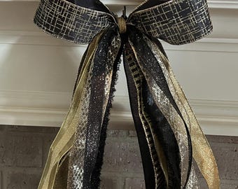 Black and Gold Decorative Big Bow Wired ribbon, Wreath, Lantern Decor