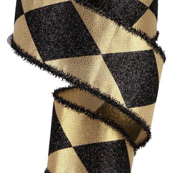 Metallic Gold  Black Lame Diamond Pattern Wired Ribbon Matching Satin Stitch Edge 2.5" x 10 Yards