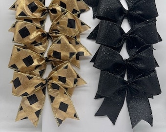 Split Black and Gold Glittered Harlequin and black shimmer set of 10 Bows/ Treat Bag Bow/Christmas Tree Bow/Christmas Decor/Craft Bow Set 10