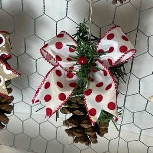 May include: A red and white polka dot bow with a pine cone and green sprigs hanging on a wire mesh background.