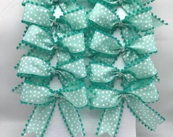 Decorative Mint with white dots with teal  PomPom Edge Bow/ Set 10 Bows/ Baby Girl Treat Bag Bows/ Baby Decor Bows/ Wreath Bows/ Spring bows