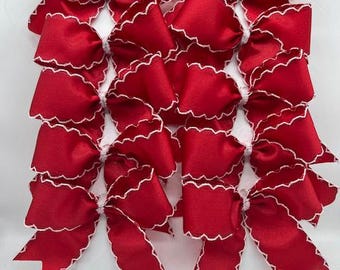 Red with white scalloped stitched edge Bows/ Set 10 bows/ Treat bag bows/ July 4th decor bows/ Christmas tree bows / Valentine bows