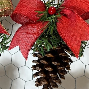 Hand-Crafted Red Tinsel Edge Christmas Bow Pinecone Ornaments