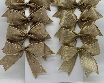 Split Tan with Gold Glittered Stars and gold metallic set of 10 Bows/ Treat Bag Bows/Christmas Tree Bow/Christmas Decor/Craft Bow Set 10