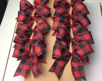 Christmas Decorative Red Black Buffalo Plaid Bows/ Set 10 Bows/ Christmas Treat Bag Bows/ Christmas Decor Bows/ Christmas Tree Bows