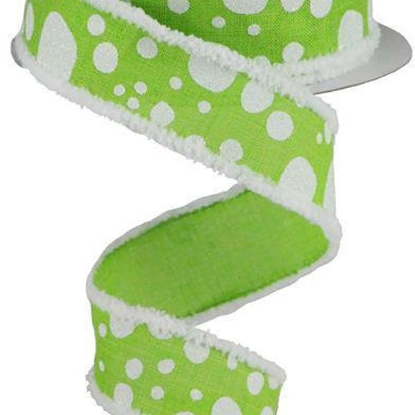 Irregular Glittered White Polka Dots on a Lime Green Wired Burlap Background with a White Drift Edge 1.5" x 10 Yard RG08311E9